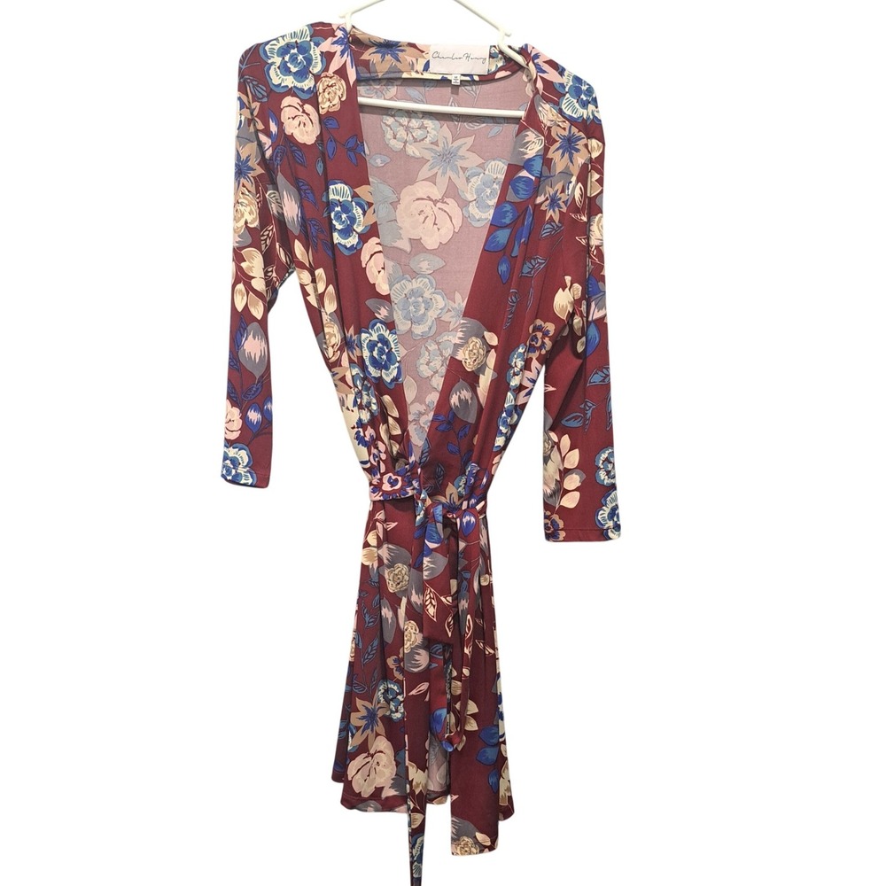 Charles Henry Burgundy Floral Wrap Dress 3/4 Sleeve V-Neck Medium 1146CHR-ERV